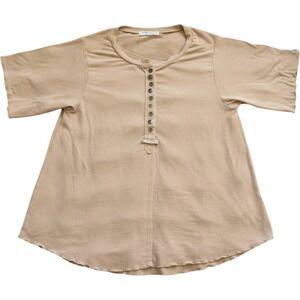 Hope Ave Womens Tan Beige Short Sleeve Henley‎ Button Front Knit Top Size Large